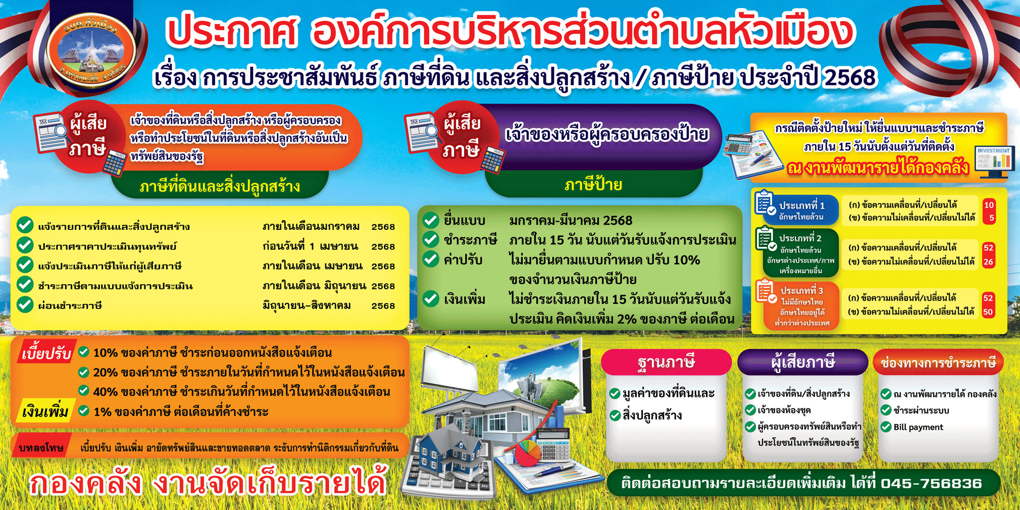 ประกาศ เรื่อง การประชาสัมพันธ์ ภาษีที่ดินและสิ่งปลูกสร้างภาษีป้าย ประจำปีงบประมาณ 2568