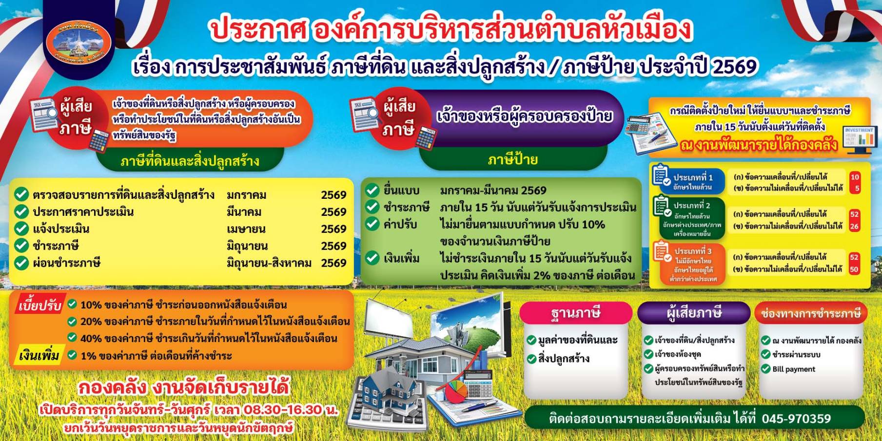 ประกาศประชาสัมพันธ์ ภาษีที่ดินและสิ่งปลูกสร้าง/ภาษีป้าย ประจำปีงบประมาณ 2569