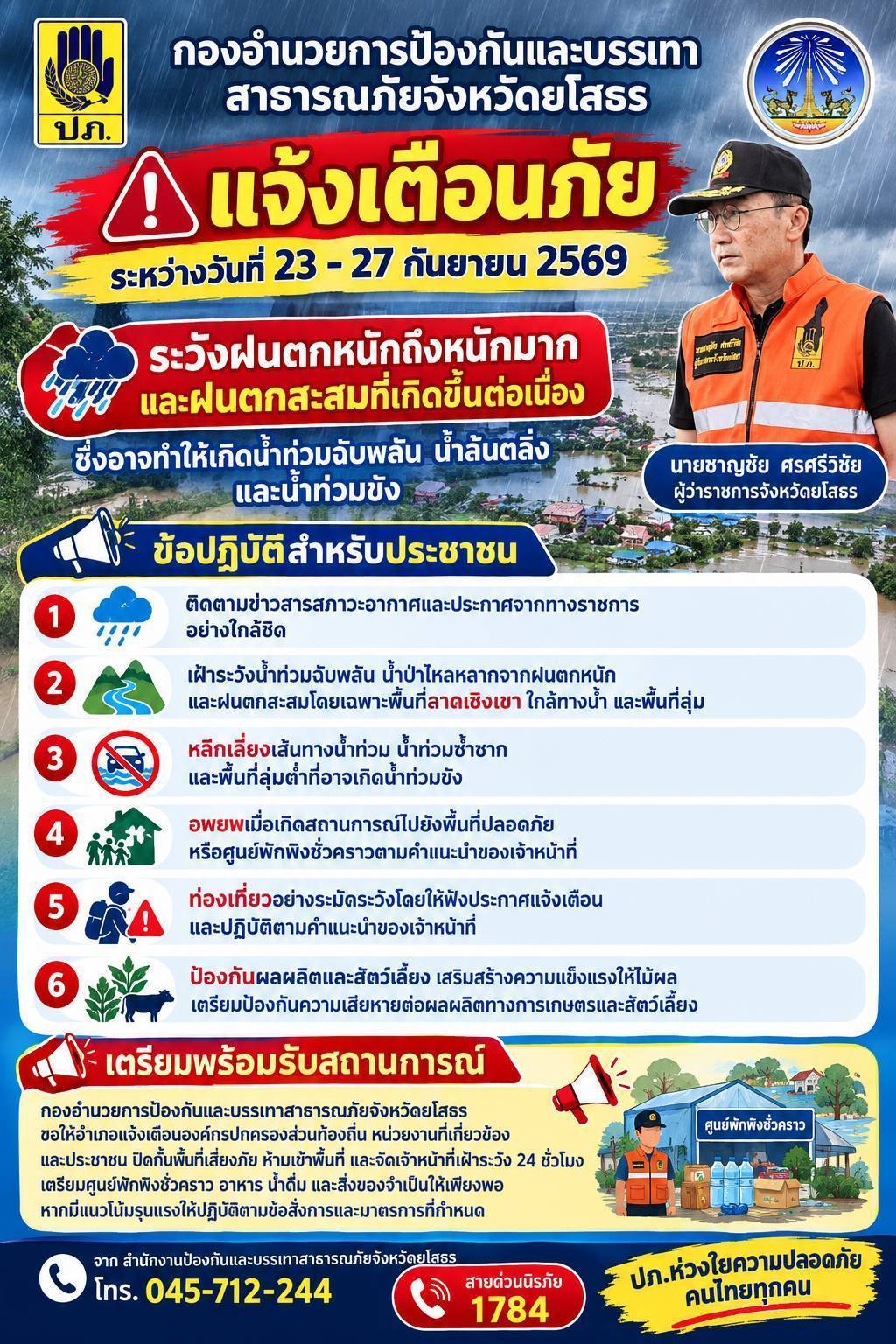 กองอำนวยการป้องกันและบรรเทาสาธารณภัย แจ้งเตือน เฝ้าระวัง ฝนตก น้ำท่วมฉับพลัน ช่วงวันที่ 23 กันยายน - 27 กันยายน 2569